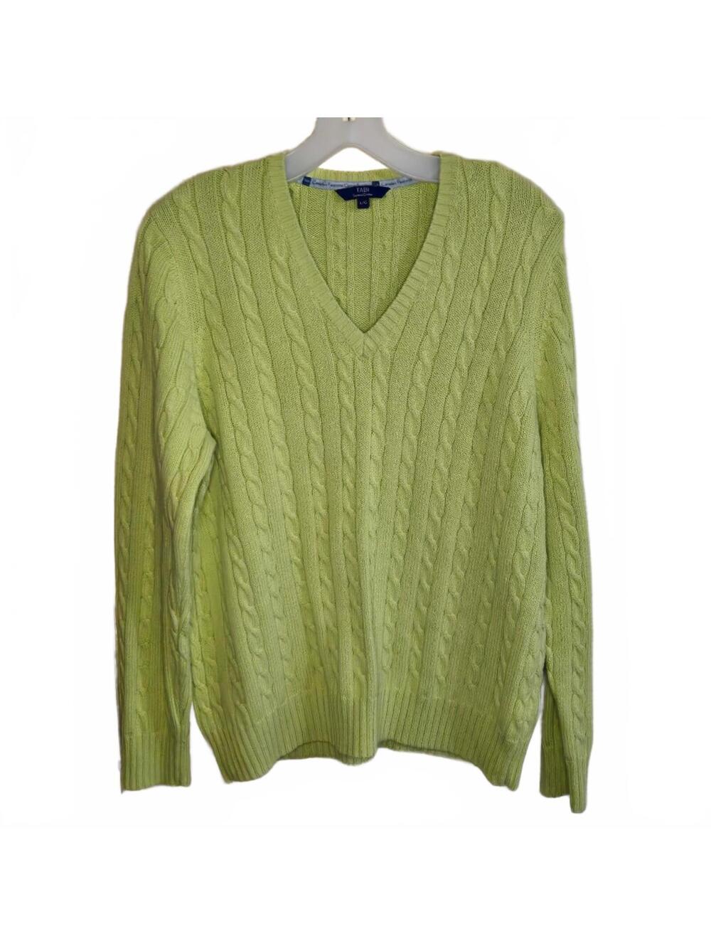 TABi Supima Cotton Cable Knit V-Neck Sweater in Light Green, Size Large